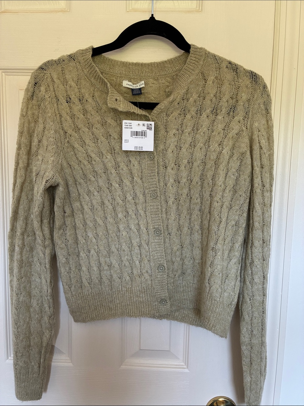 American Eagle Outfitters Light Sage Cable Knit Button-Up Cardigan